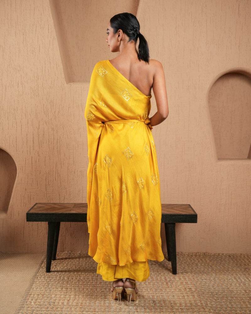 Yellow Sequined Work Off Shoulder Kaftan With Pants