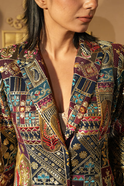 Navy Blue Zari Embroidered Blazer