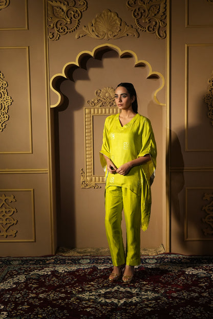 Bright Green Sequined Work Kaftan With Pants