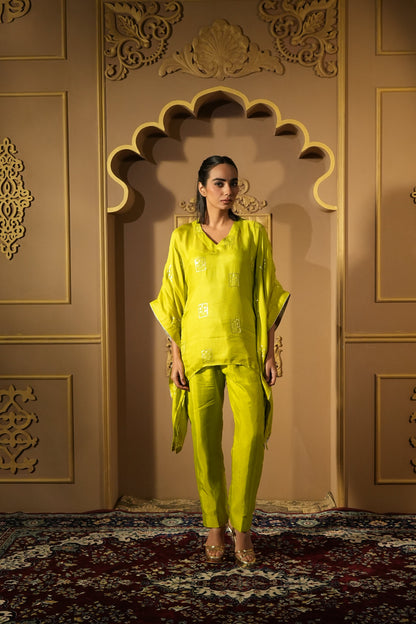 Bright Green Sequined Work Kaftan With Pants