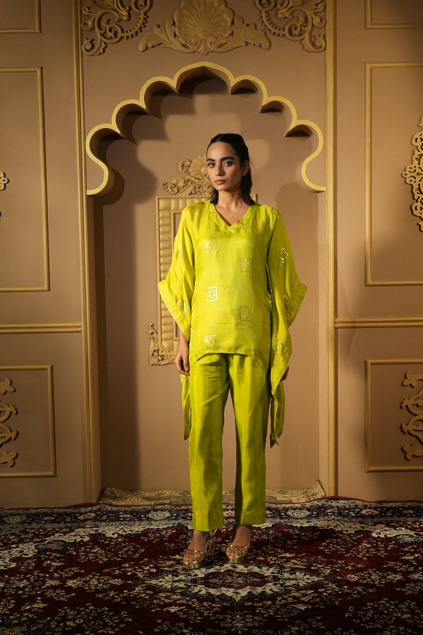 Bright Green Sequined Work Kaftan With Pants