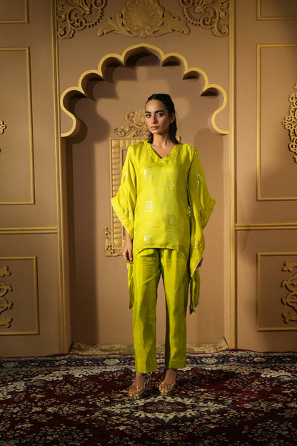 Bright Green Sequined Work Kaftan With Pants