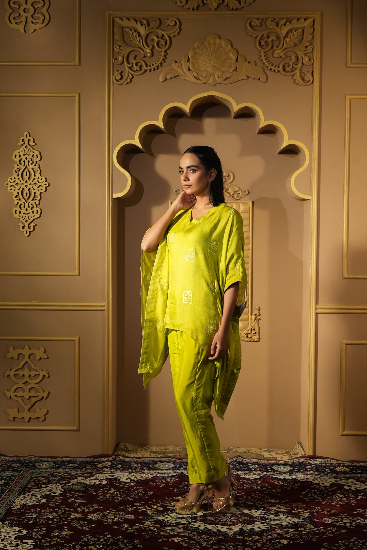 Bright Green Sequined Work Kaftan With Pants