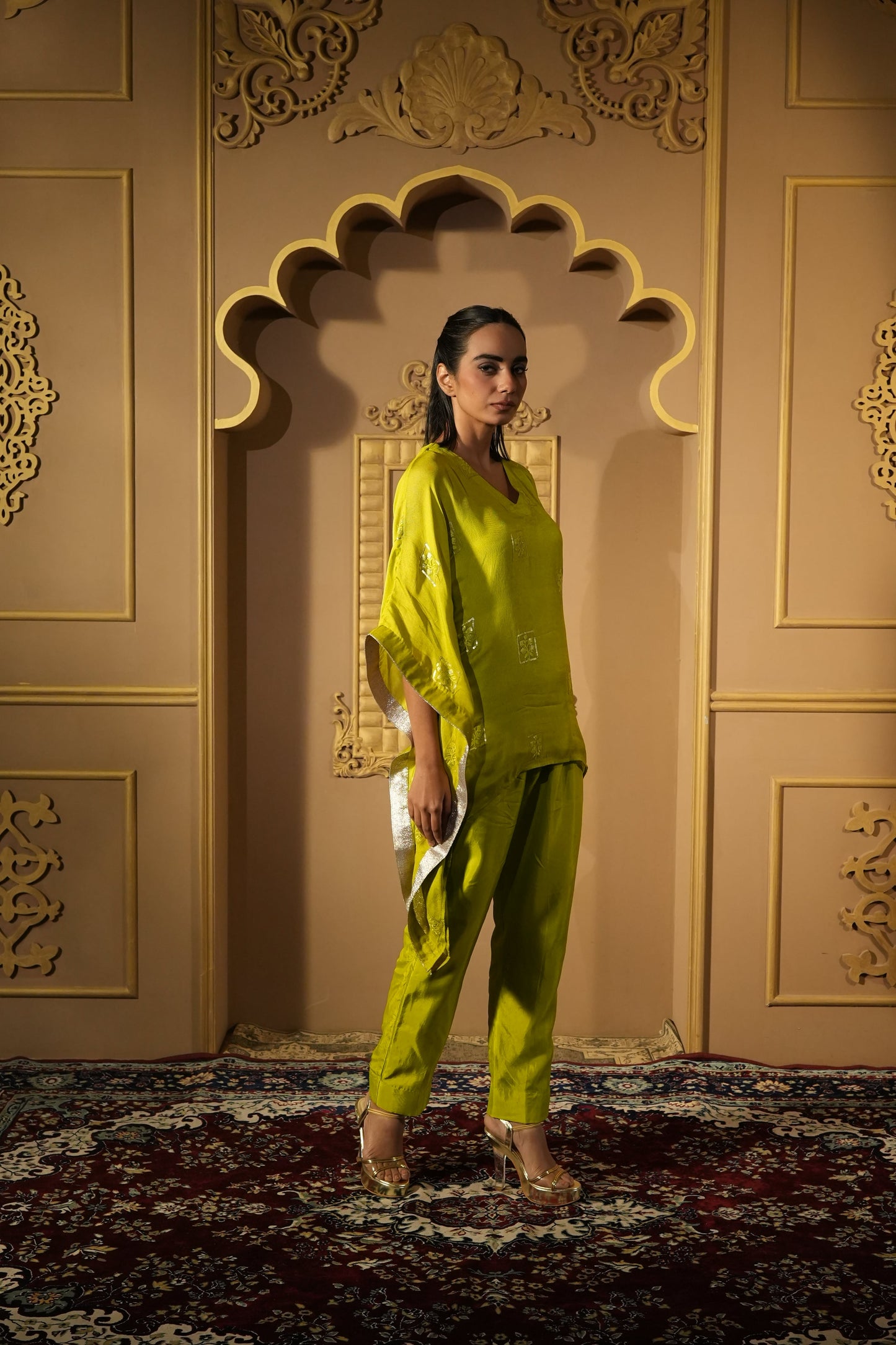 Bright Green Sequined Work Kaftan With Pants