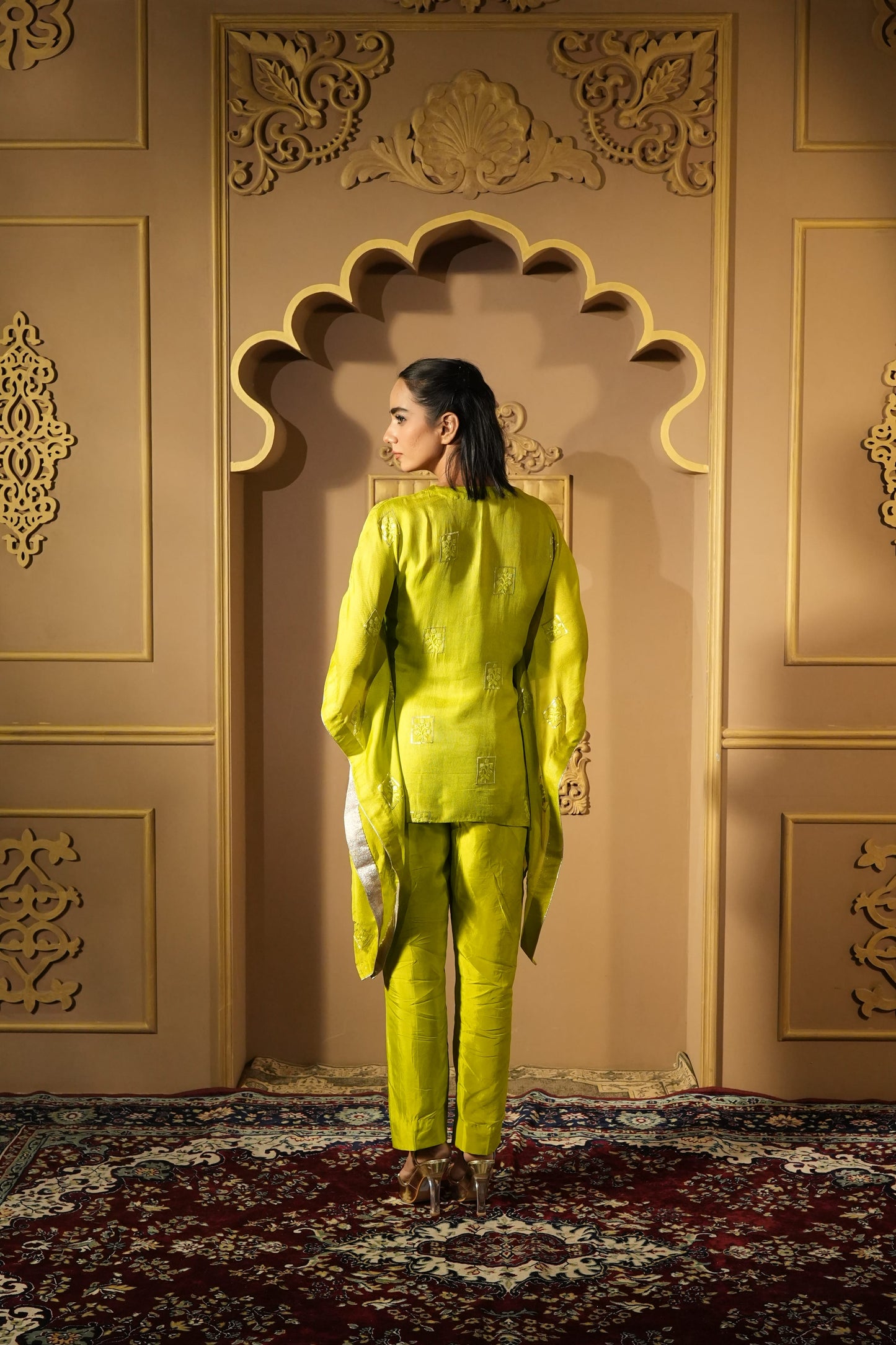 Bright Green Sequined Work Kaftan With Pants