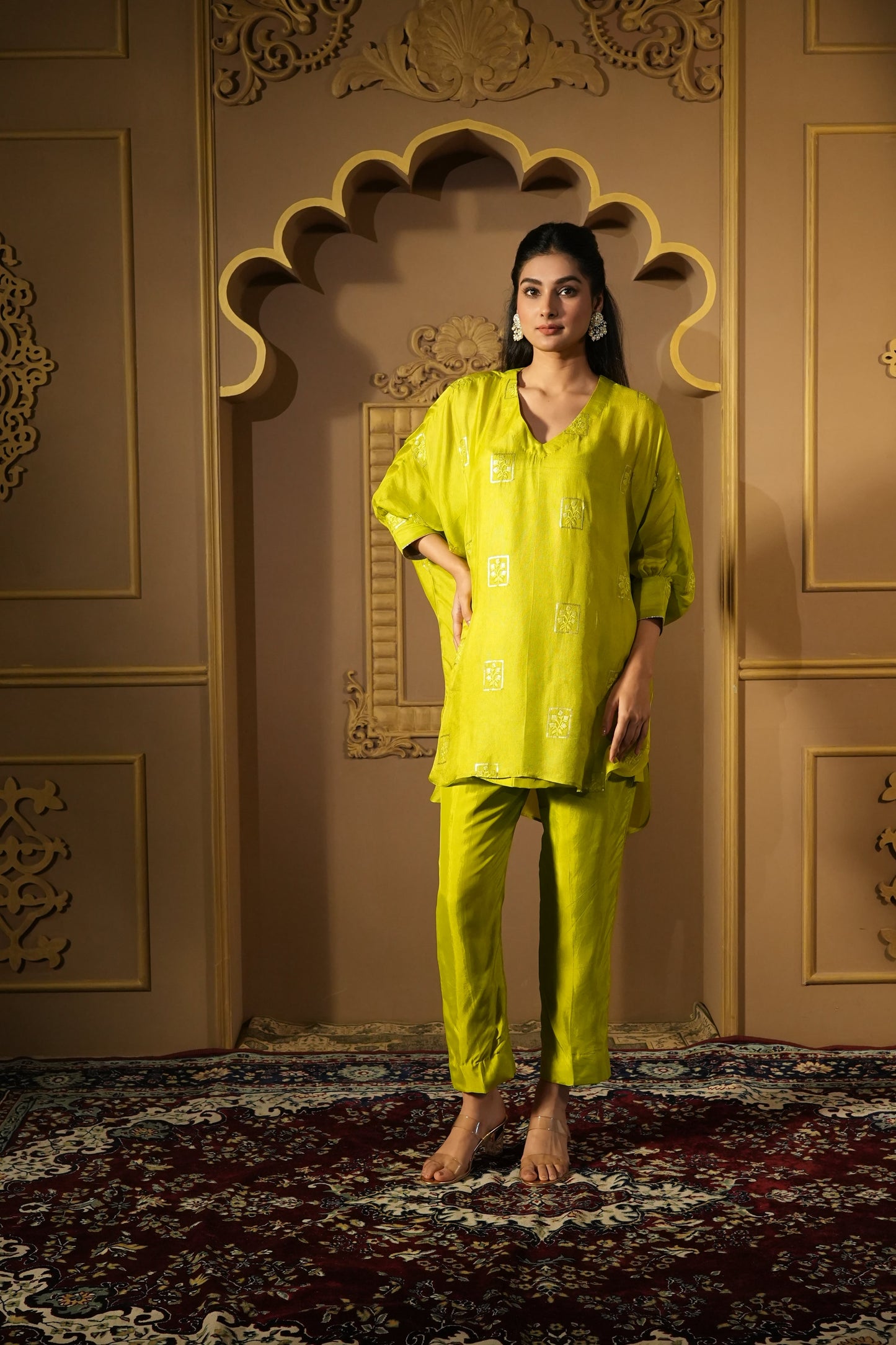 Bright Green Sequined Work Kaftan With Pants