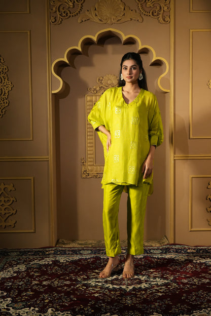 Bright Green Sequined Work Kaftan With Pants