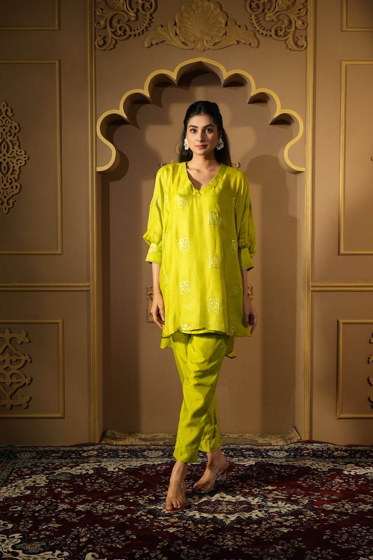 Bright Green Sequined Work Kaftan With Pants