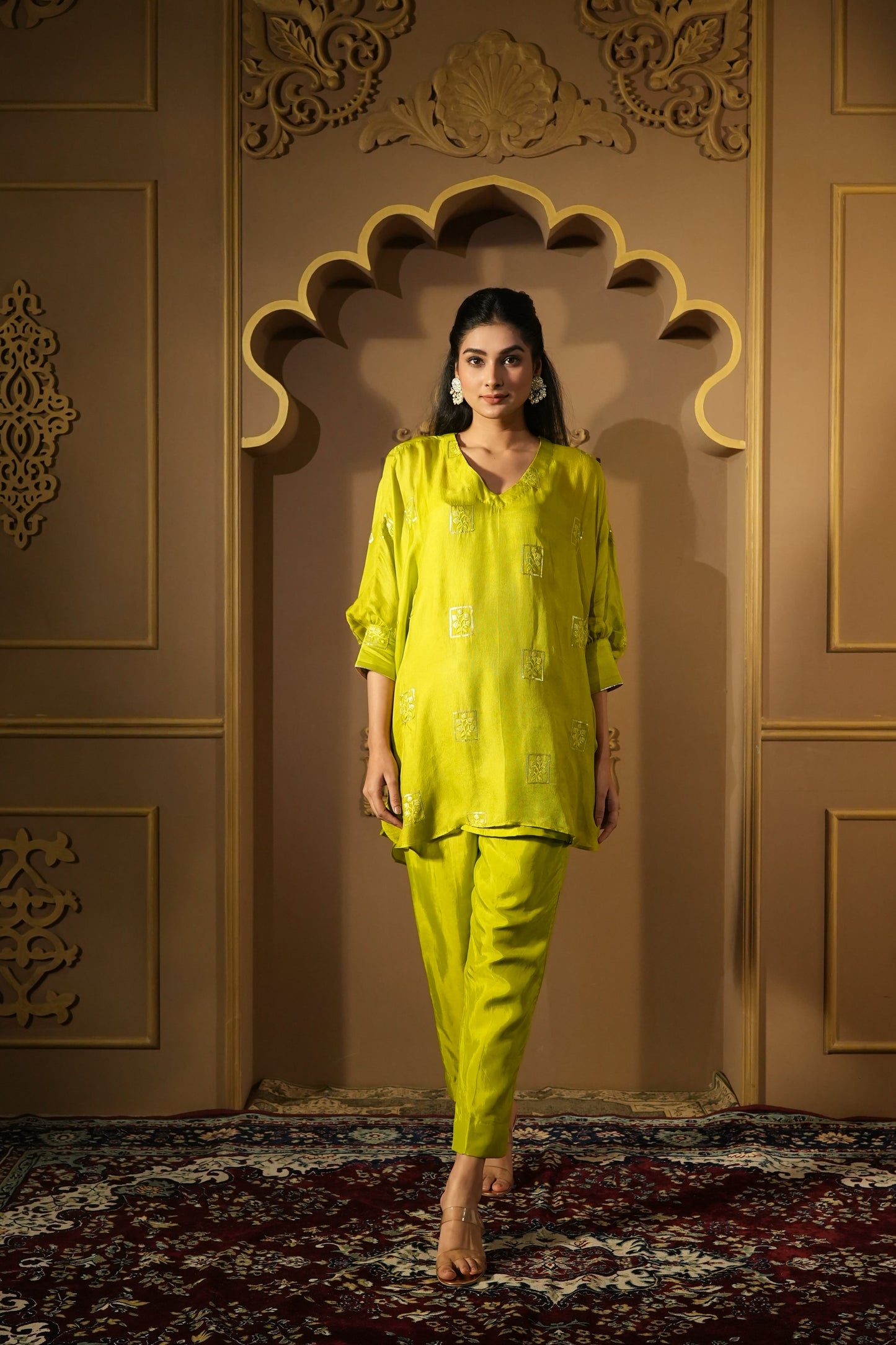 Bright Green Sequined Work Kaftan With Pants