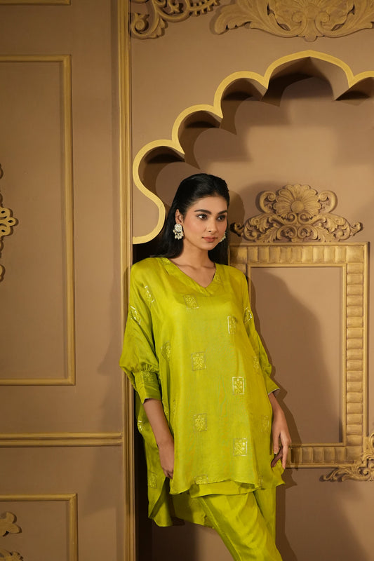 Bright Green Sequined Work Kaftan With Pants