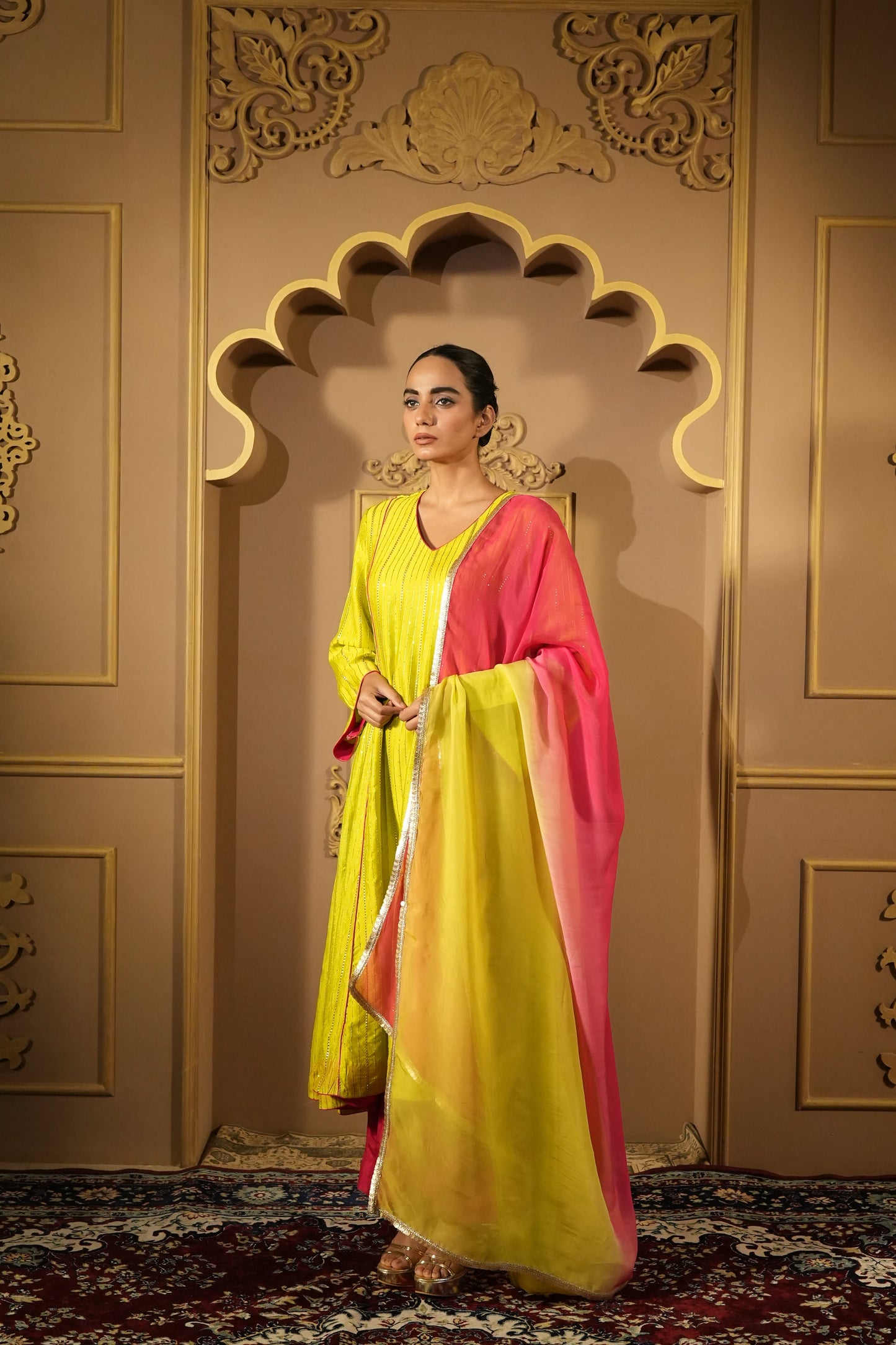Lime Green & Pink Anarkali Kurta With Pants & Dupatta