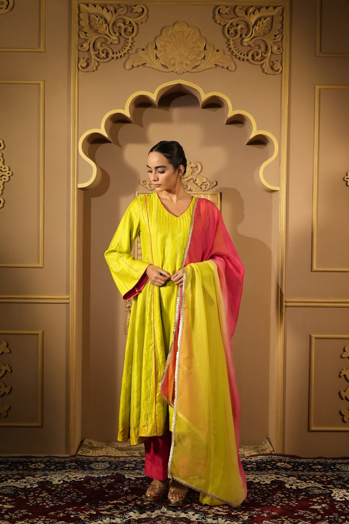 Lime Green & Pink Anarkali Kurta With Pants & Dupatta