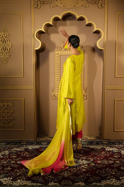 Lime Green & Pink Anarkali Kurta With Pants & Dupatta