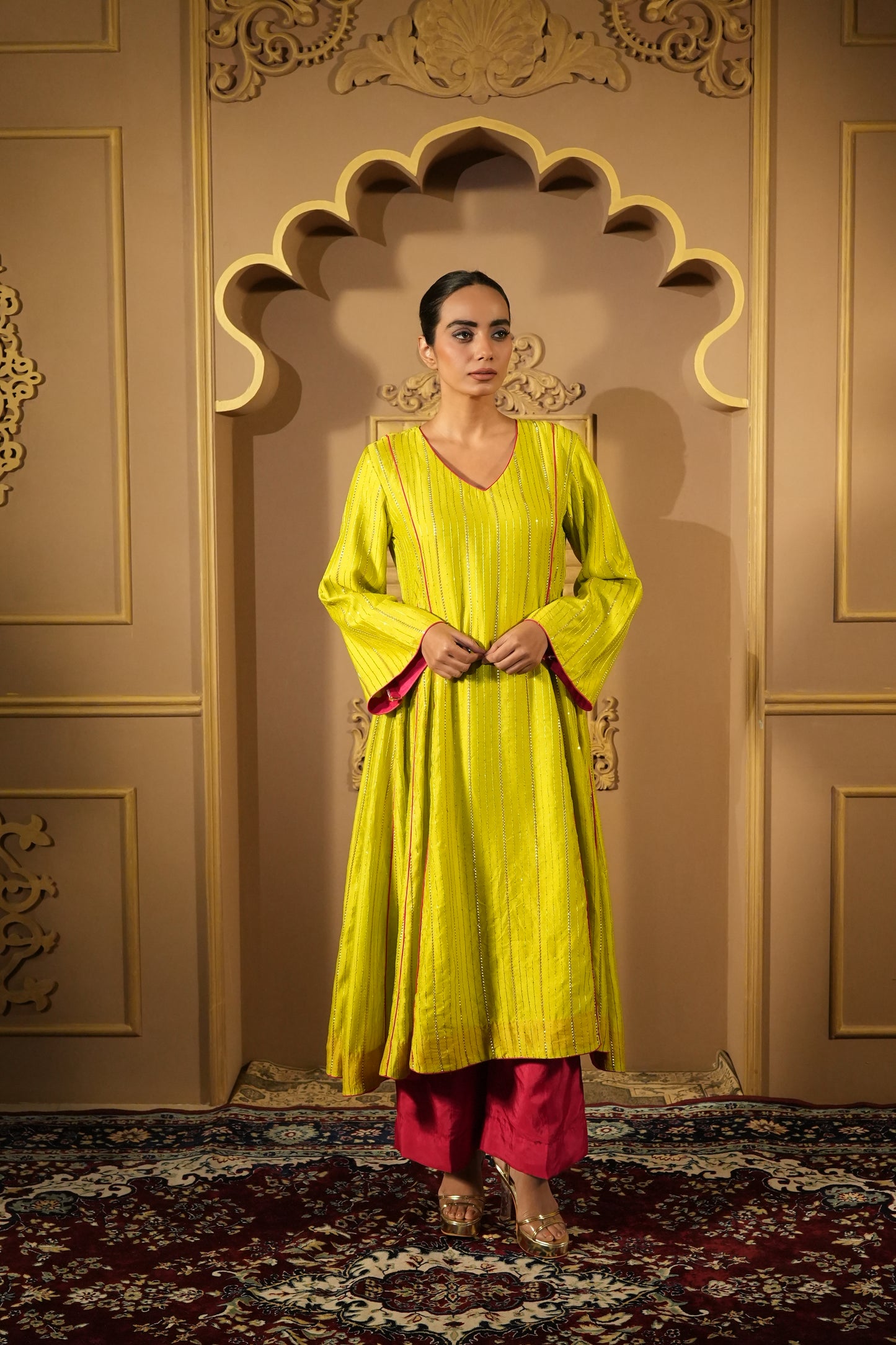 Lime Green & Pink Anarkali Kurta With Pants & Dupatta