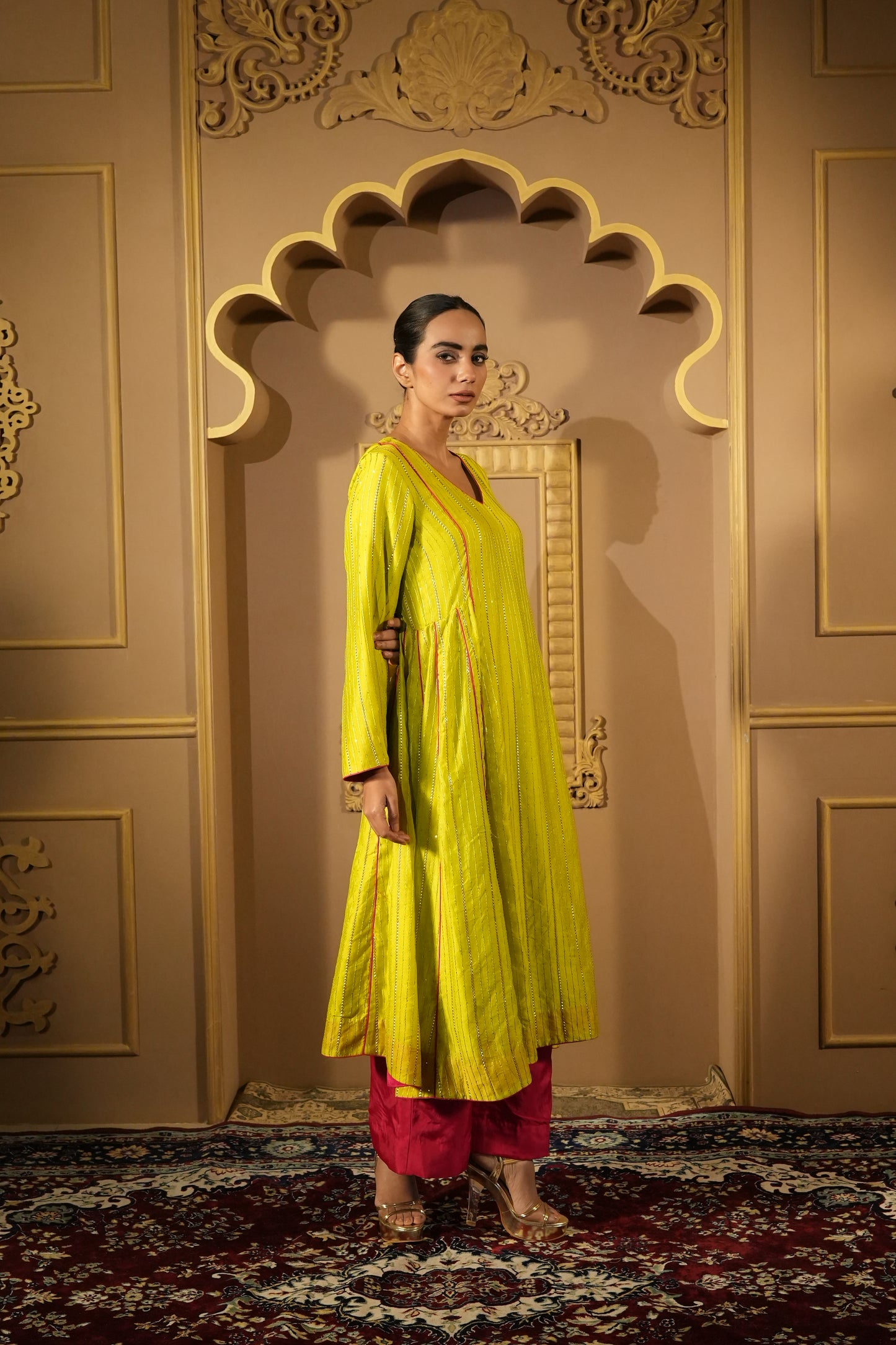 Lime Green & Pink Anarkali Kurta With Pants & Dupatta