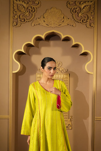 Lime Green & Pink Anarkali Kurta With Pants & Dupatta