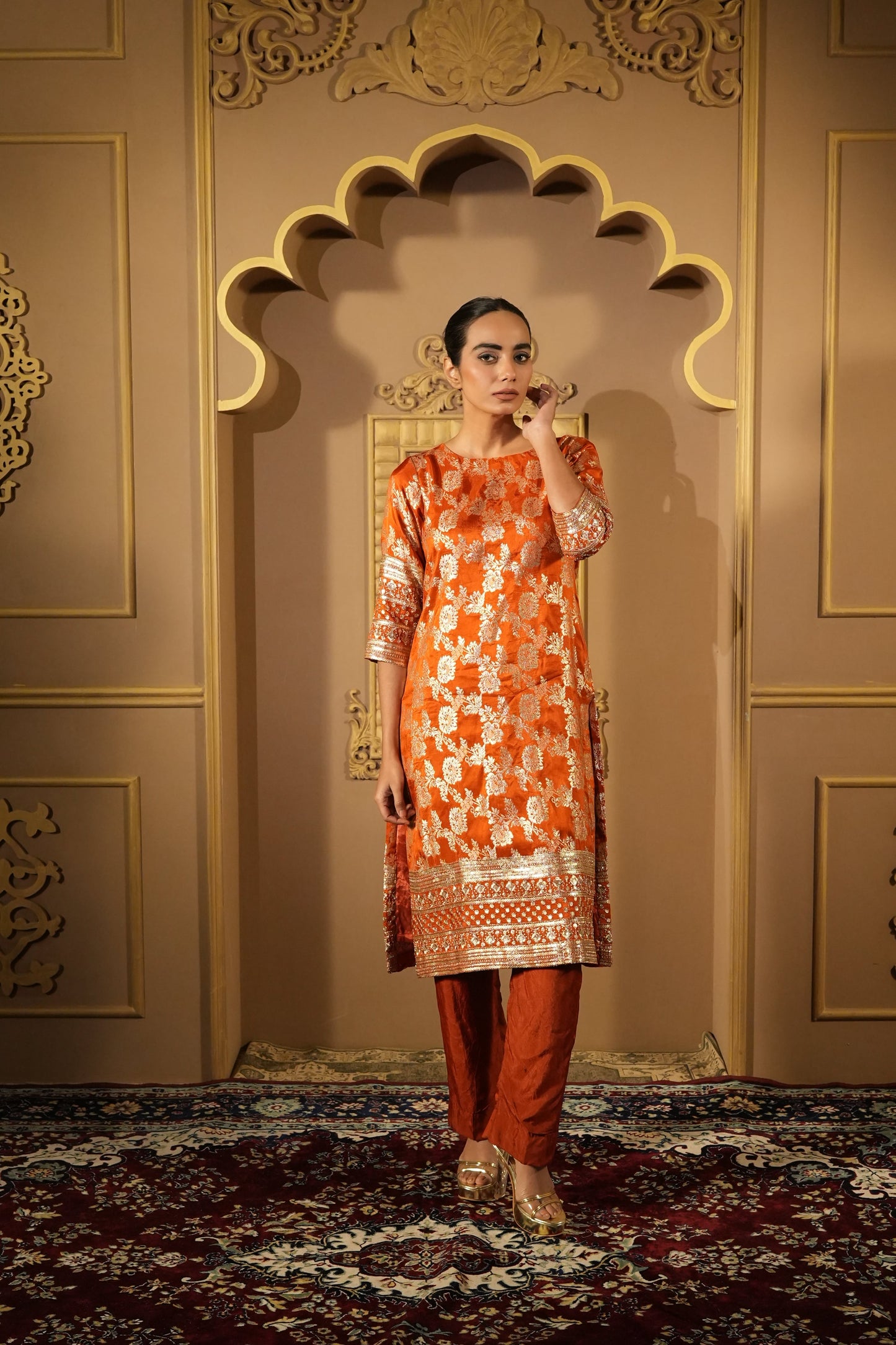 Rust Orange Royal Bloom Brocade Kurta
