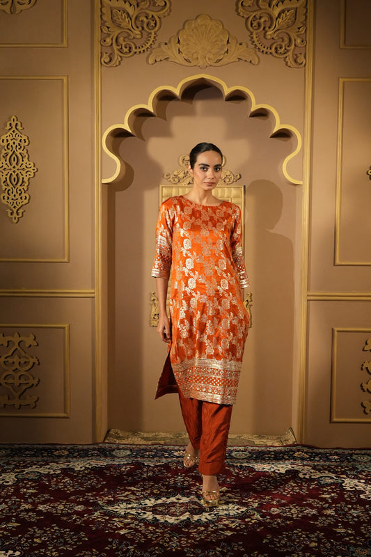 Rust Orange Royal Bloom Brocade Kurta