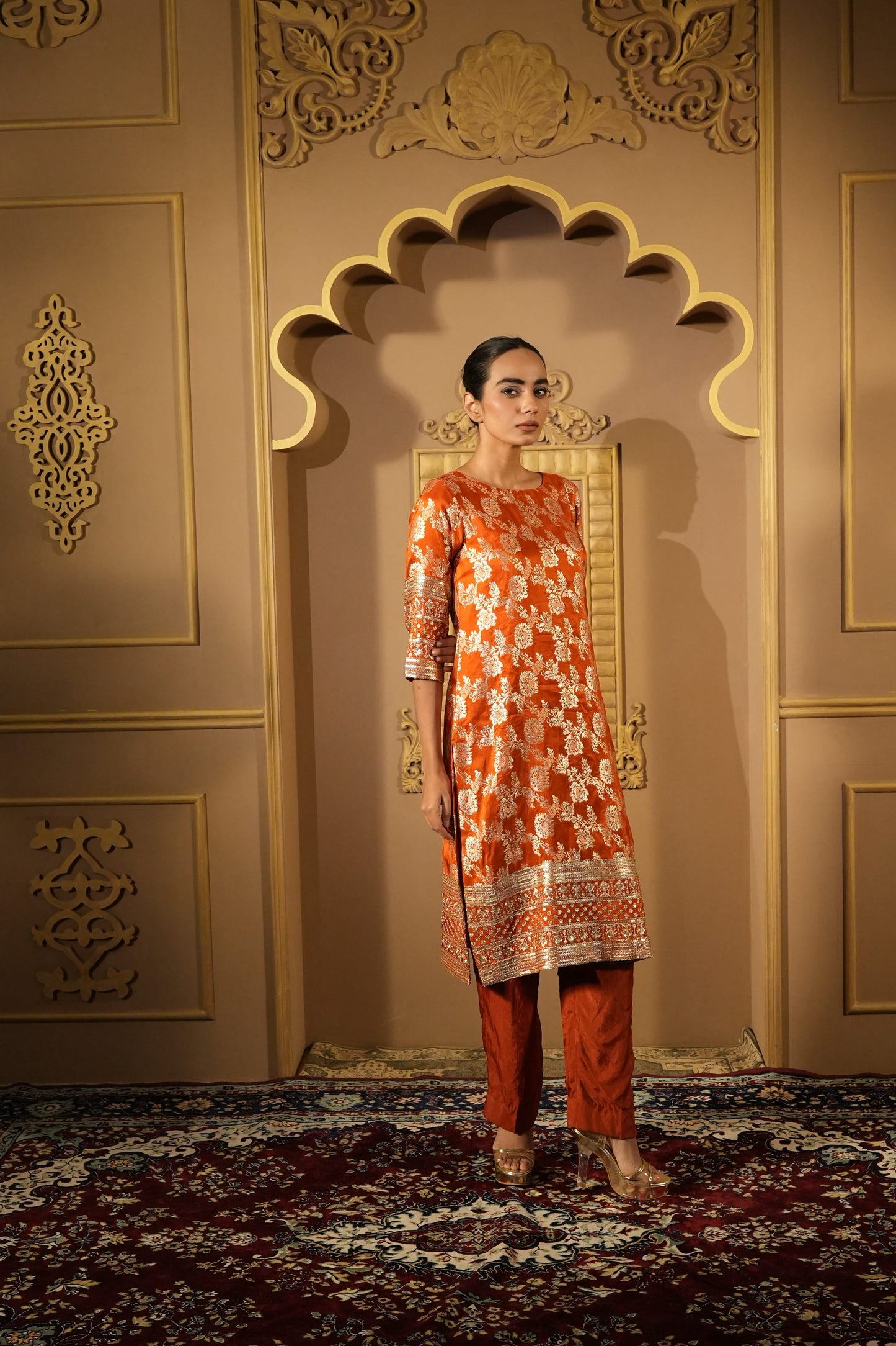 Rust Orange Royal Bloom Brocade Kurta