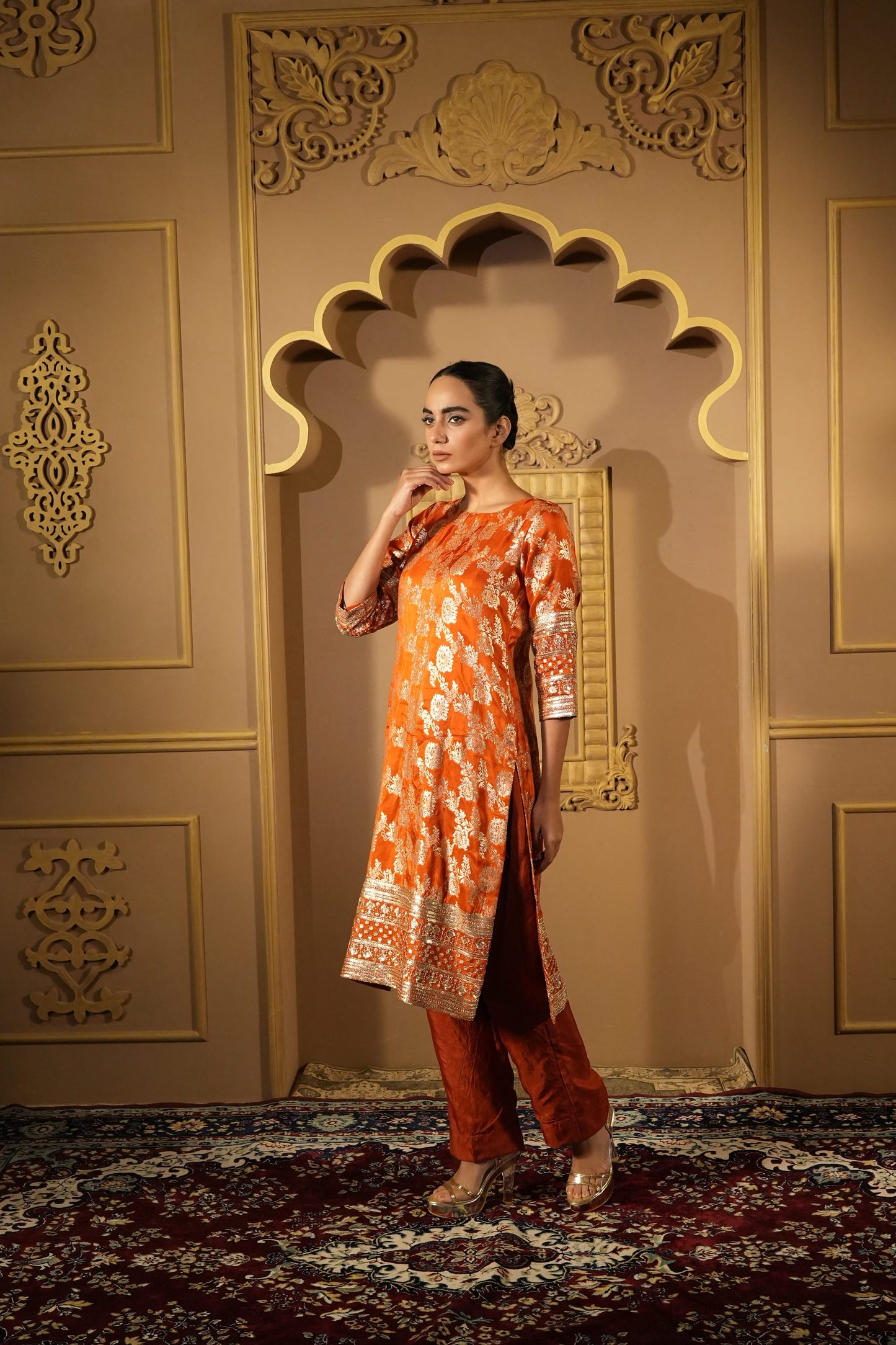 Rust Orange Royal Bloom Brocade Kurta