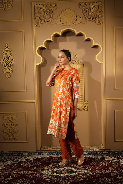 Rust Orange Royal Bloom Brocade Kurta