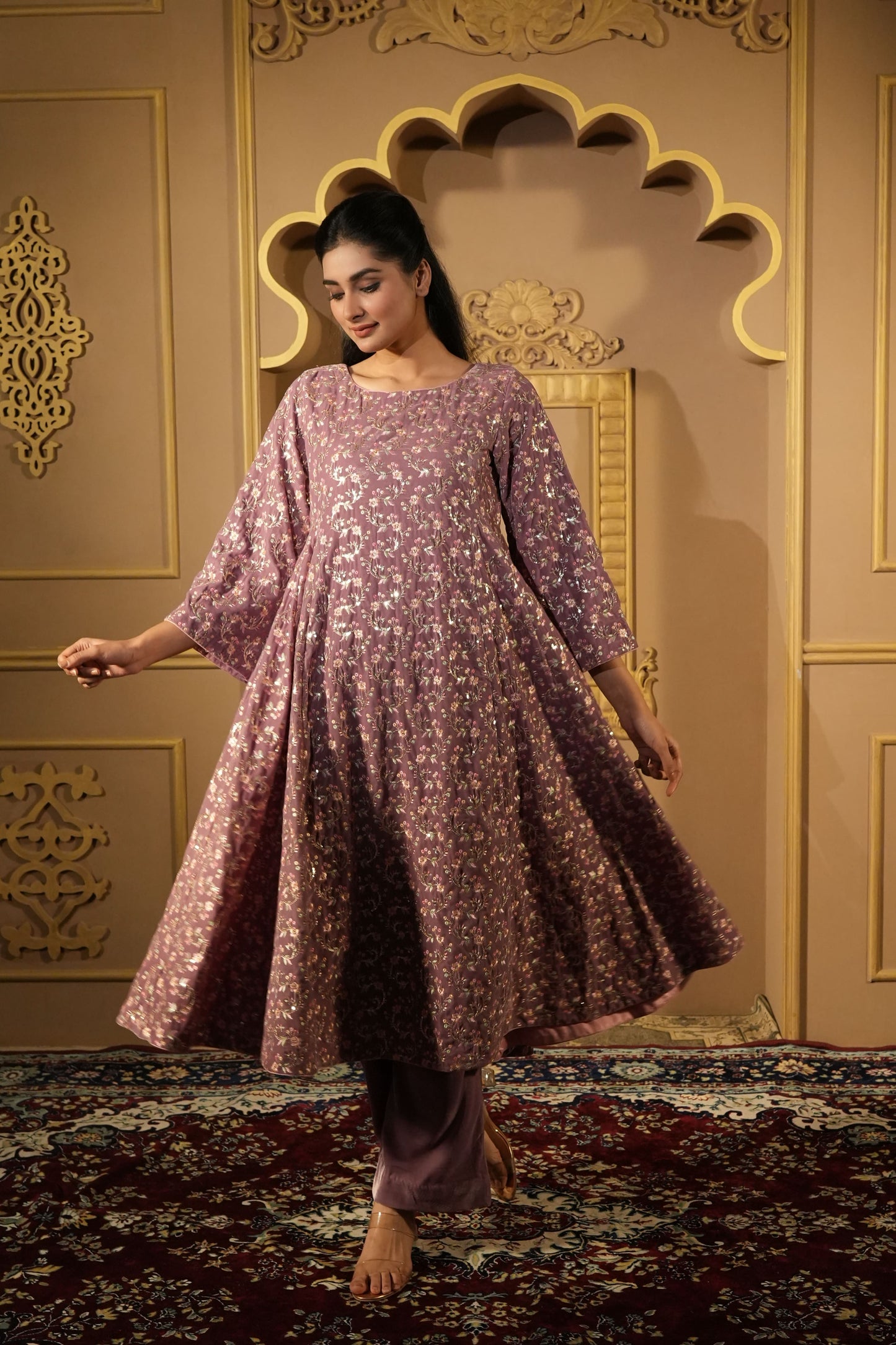Brandy Rose Velvet Embroidered Anarkali With Pants