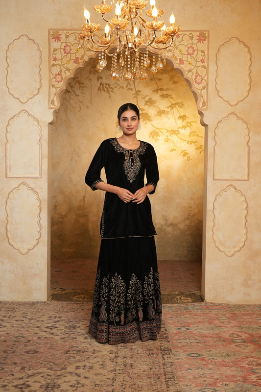 Black & Gold-Toned Velvet Lehenga Choli
