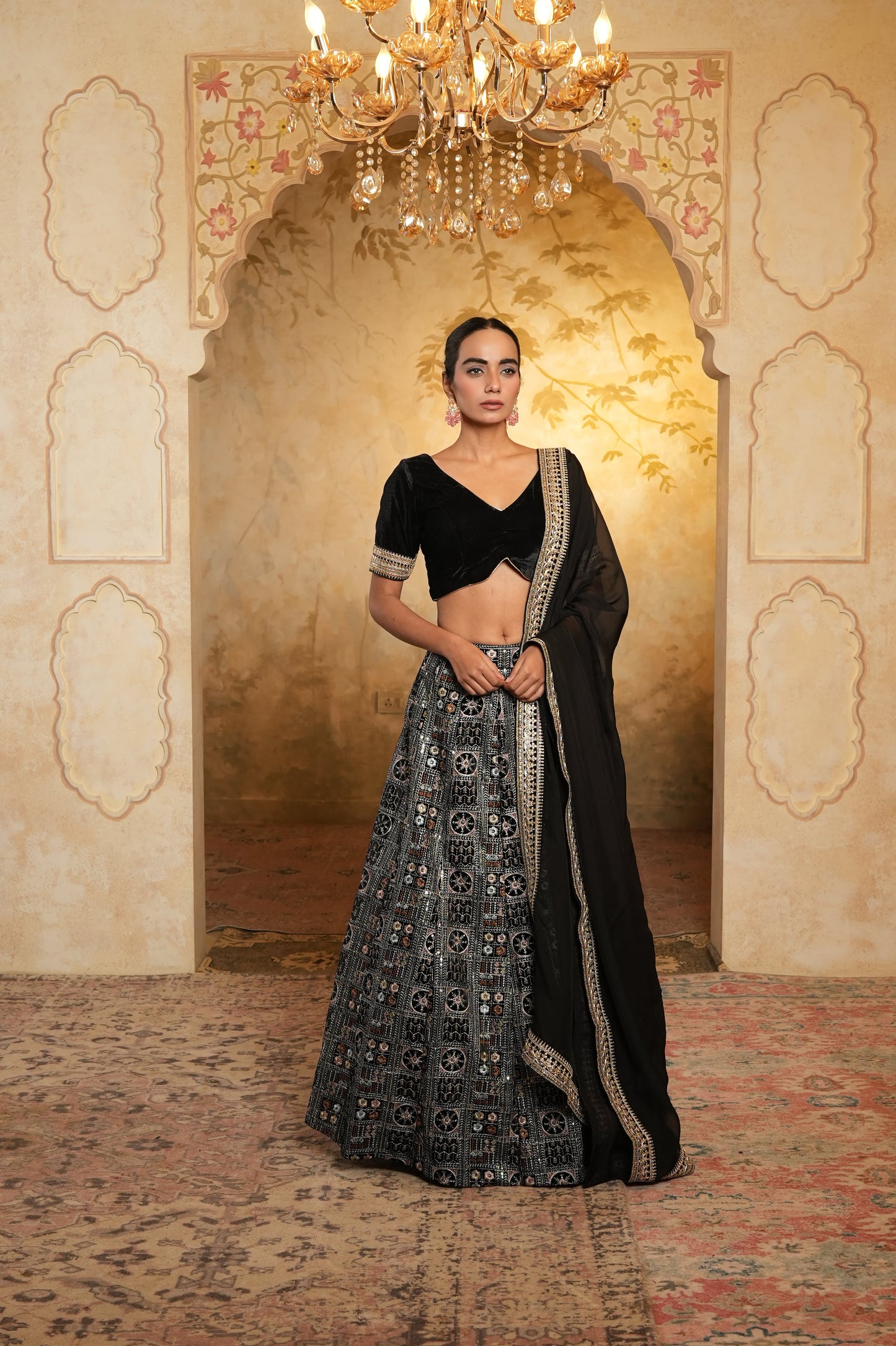 Black Embroidered Velvet Lehenga Choli With Dupatta