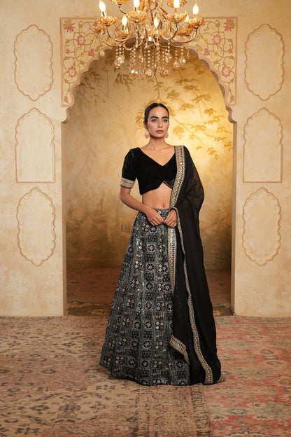 Black Embroidered Velvet Lehenga Choli With Dupatta