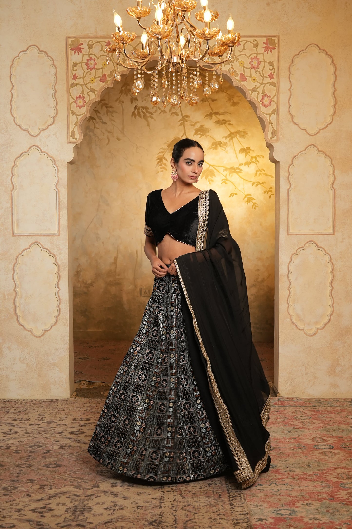 Black Embroidered Velvet Lehenga Choli With Dupatta