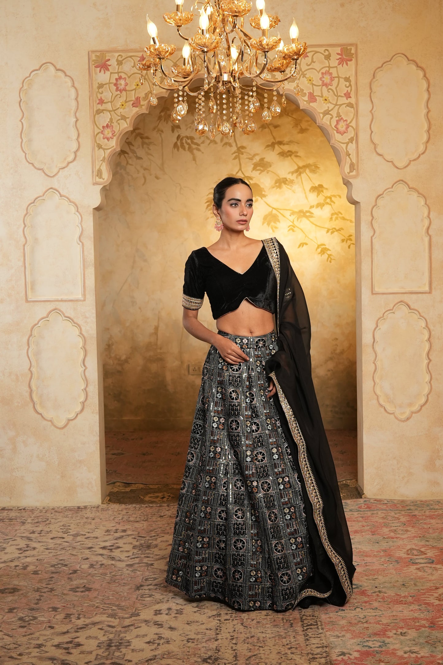 Black Embroidered Velvet Lehenga Choli With Dupatta