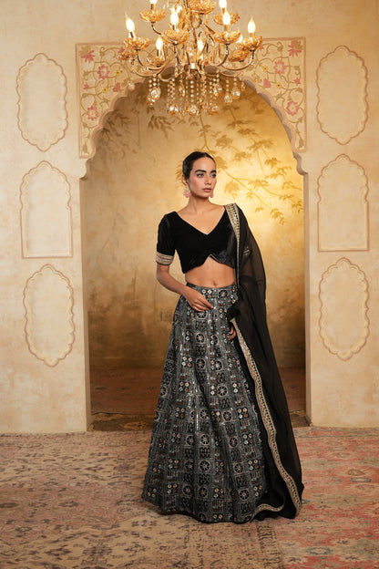 Black Embroidered Velvet Lehenga Choli With Dupatta