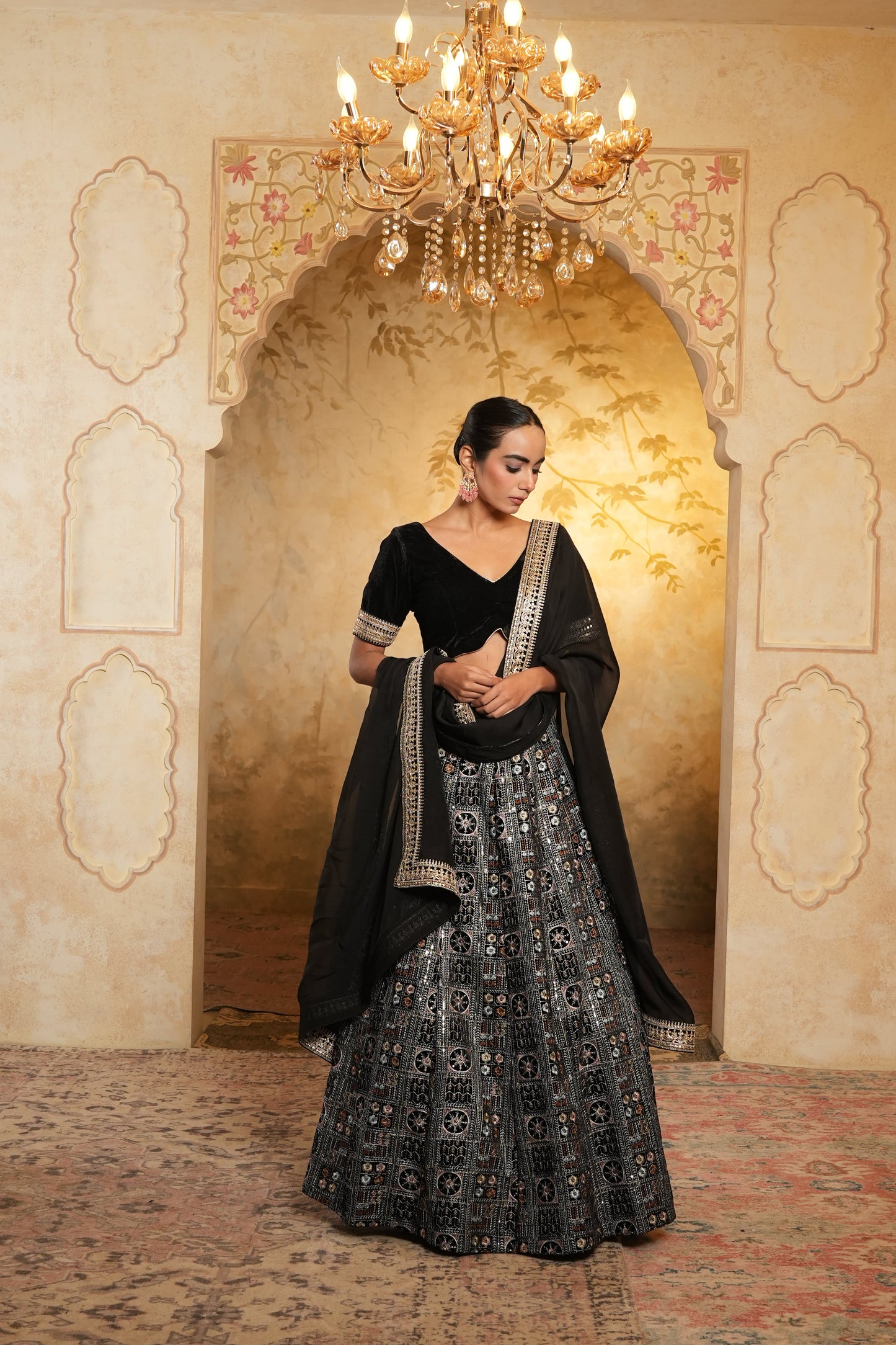Black Embroidered Velvet Lehenga Choli With Dupatta
