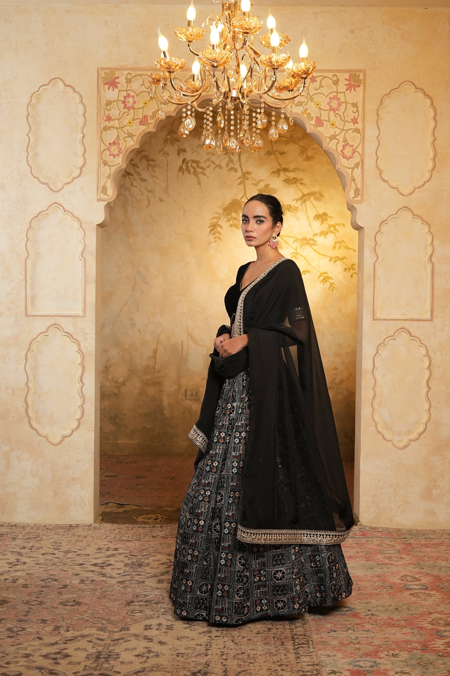 Black Embroidered Velvet Lehenga Choli With Dupatta