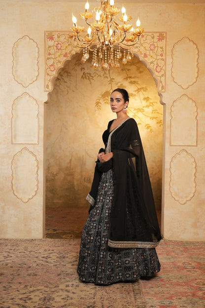 Black Embroidered Velvet Lehenga Choli With Dupatta
