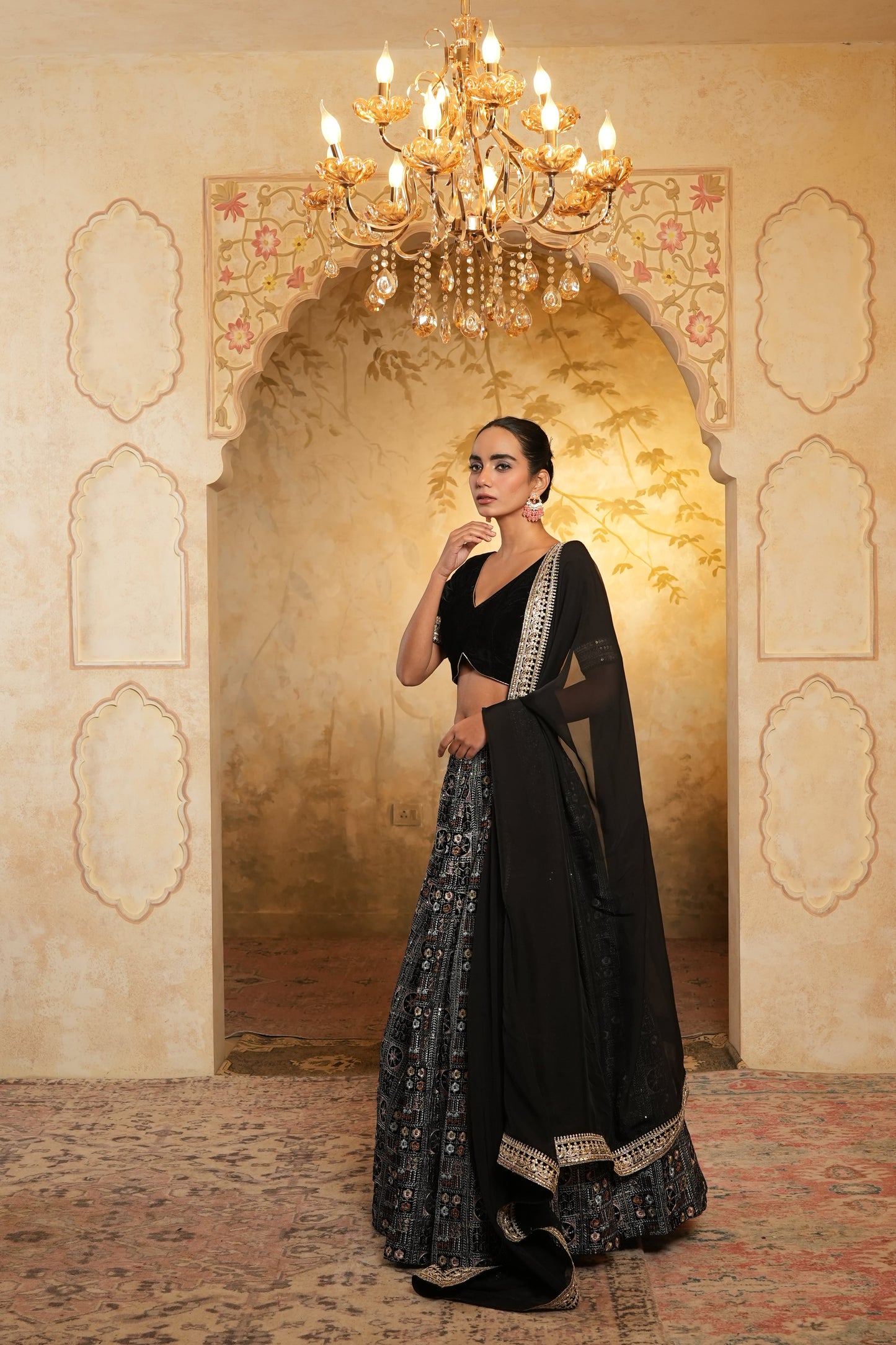 Black Embroidered Velvet Lehenga Choli With Dupatta