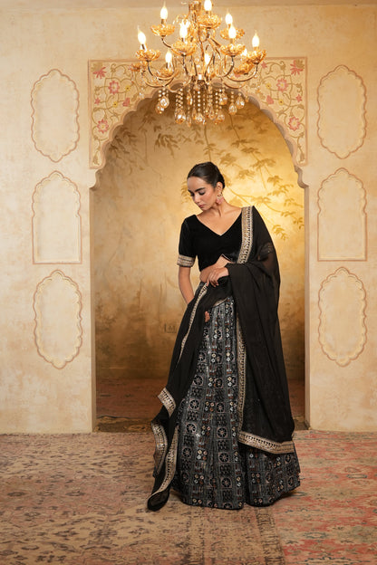 Black Embroidered Velvet Lehenga Choli With Dupatta