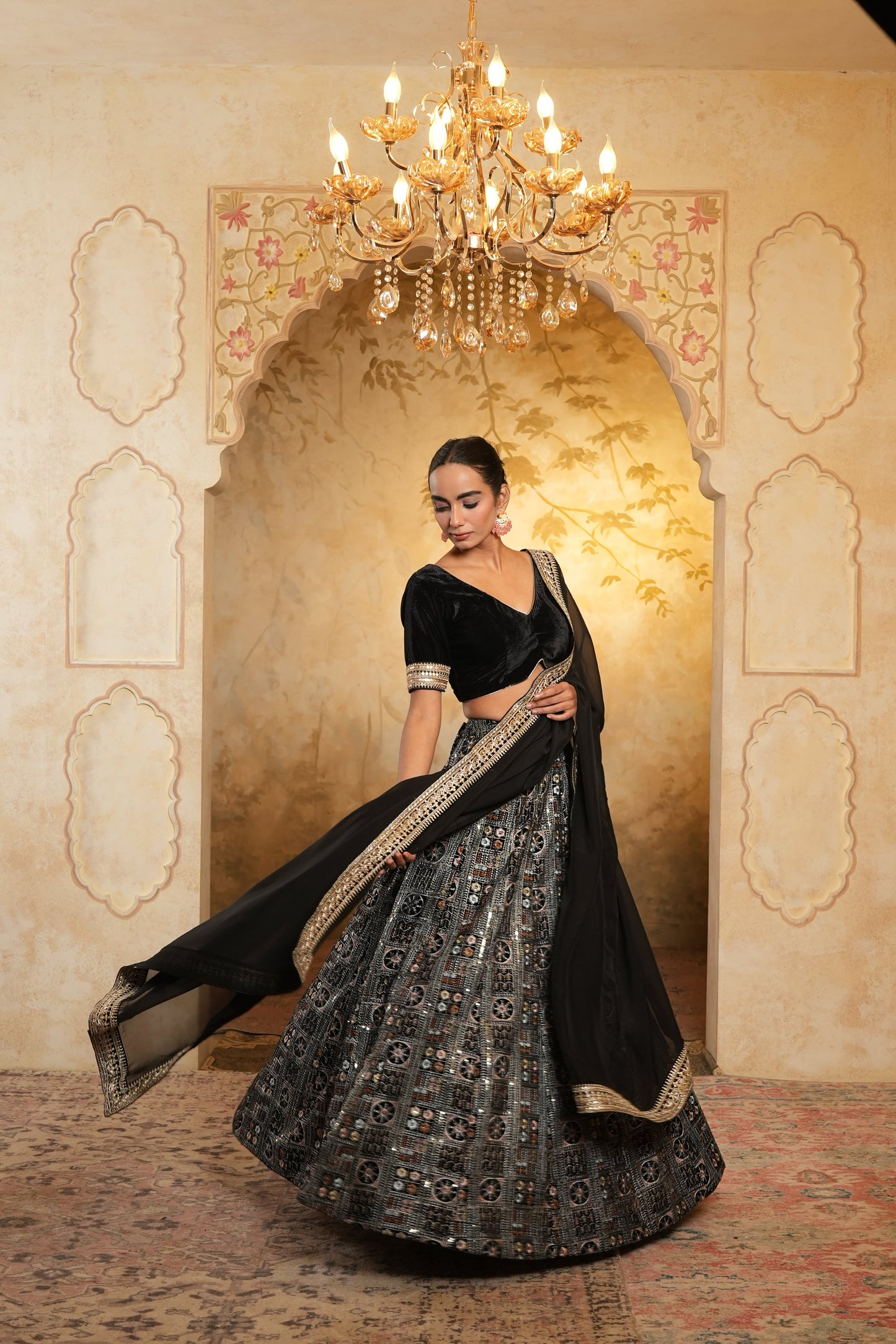 Black Embroidered Velvet Lehenga Choli With Dupatta