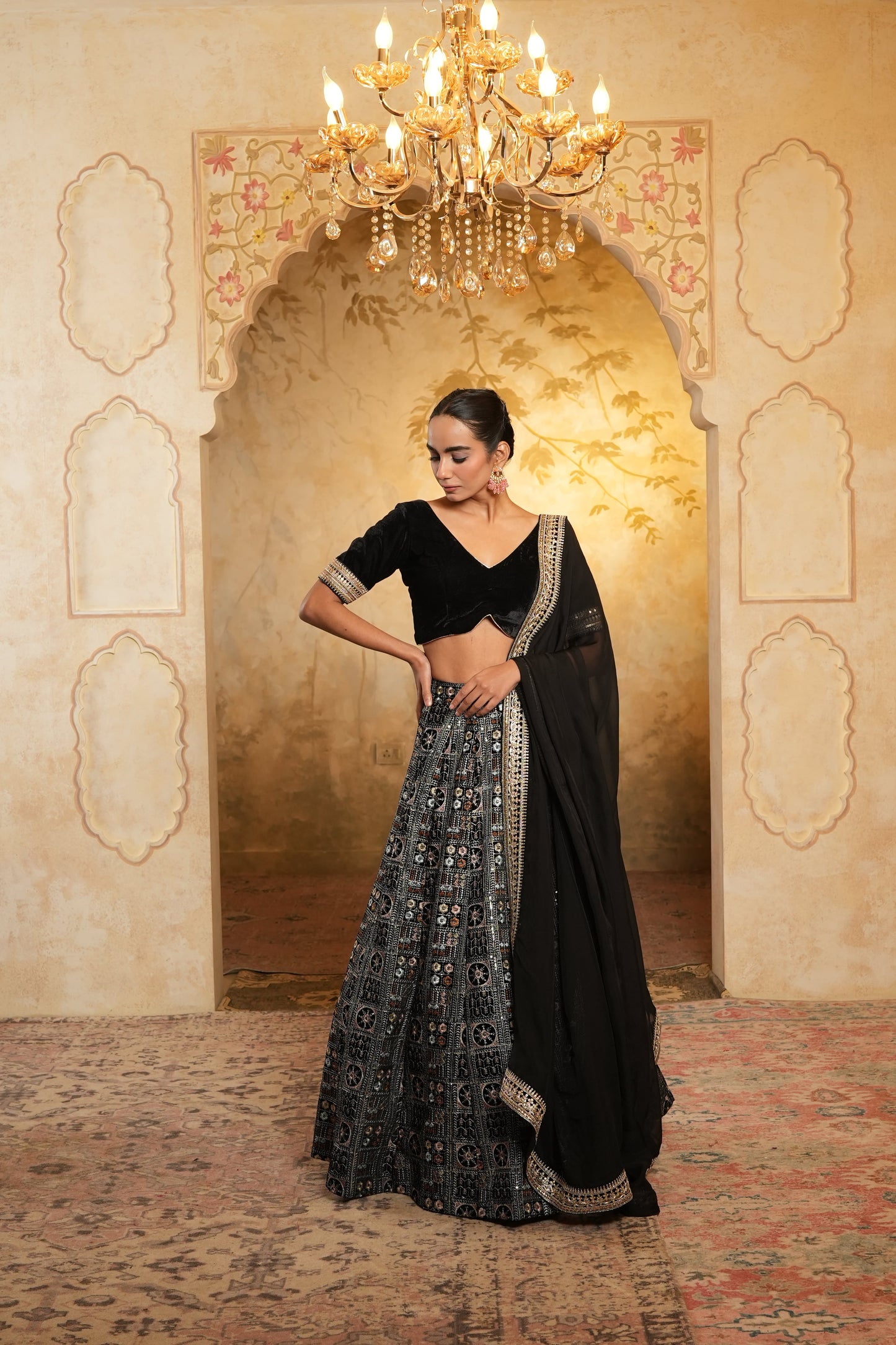 Black Embroidered Velvet Lehenga Choli With Dupatta