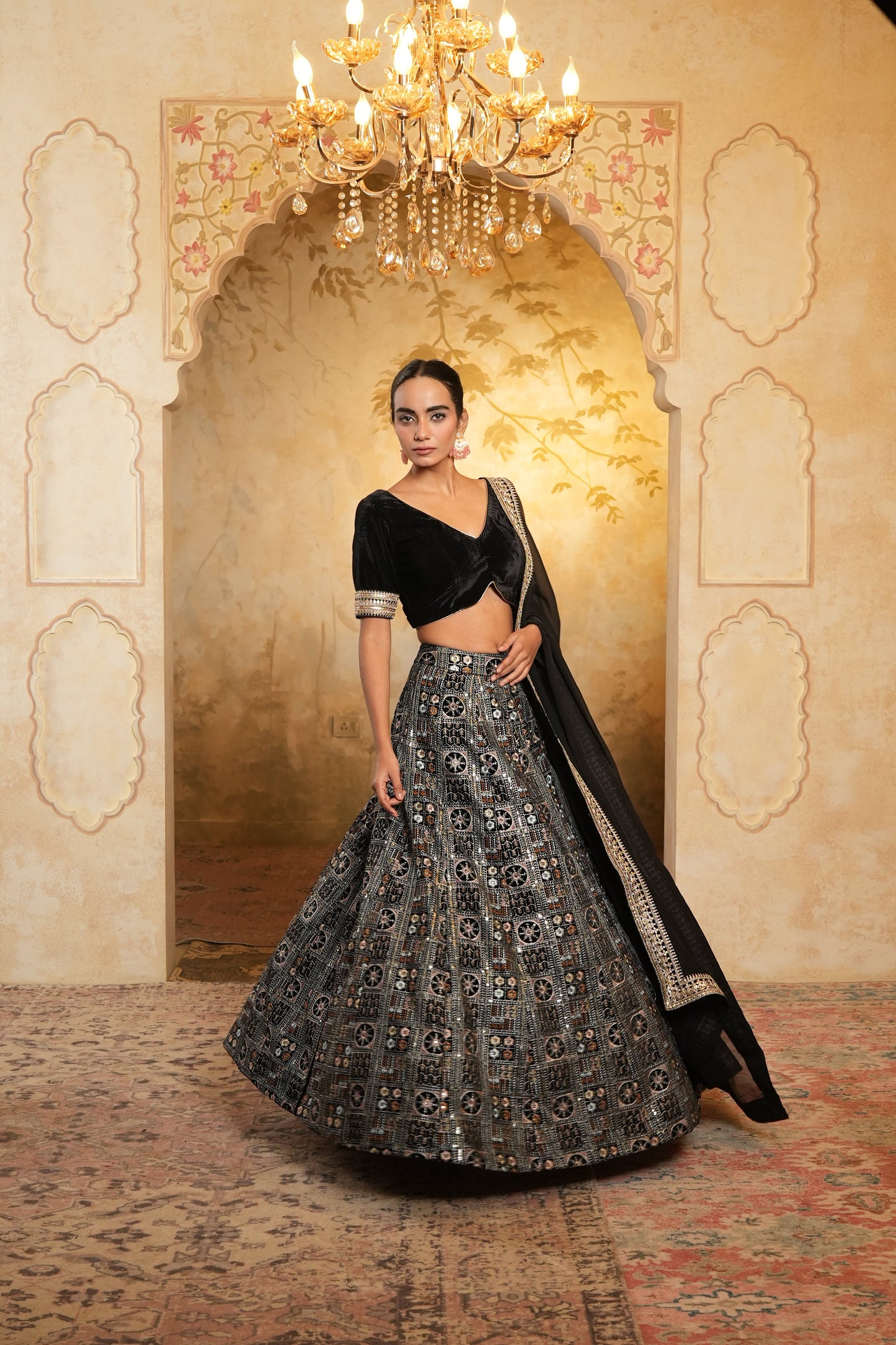 Black Embroidered Velvet Lehenga Choli With Dupatta