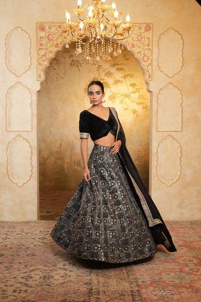 Black Embroidered Velvet Lehenga Choli With Dupatta