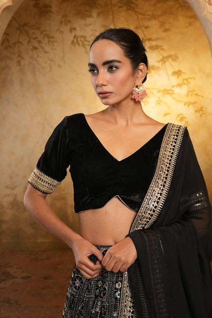 Black Embroidered Velvet Lehenga Choli With Dupatta