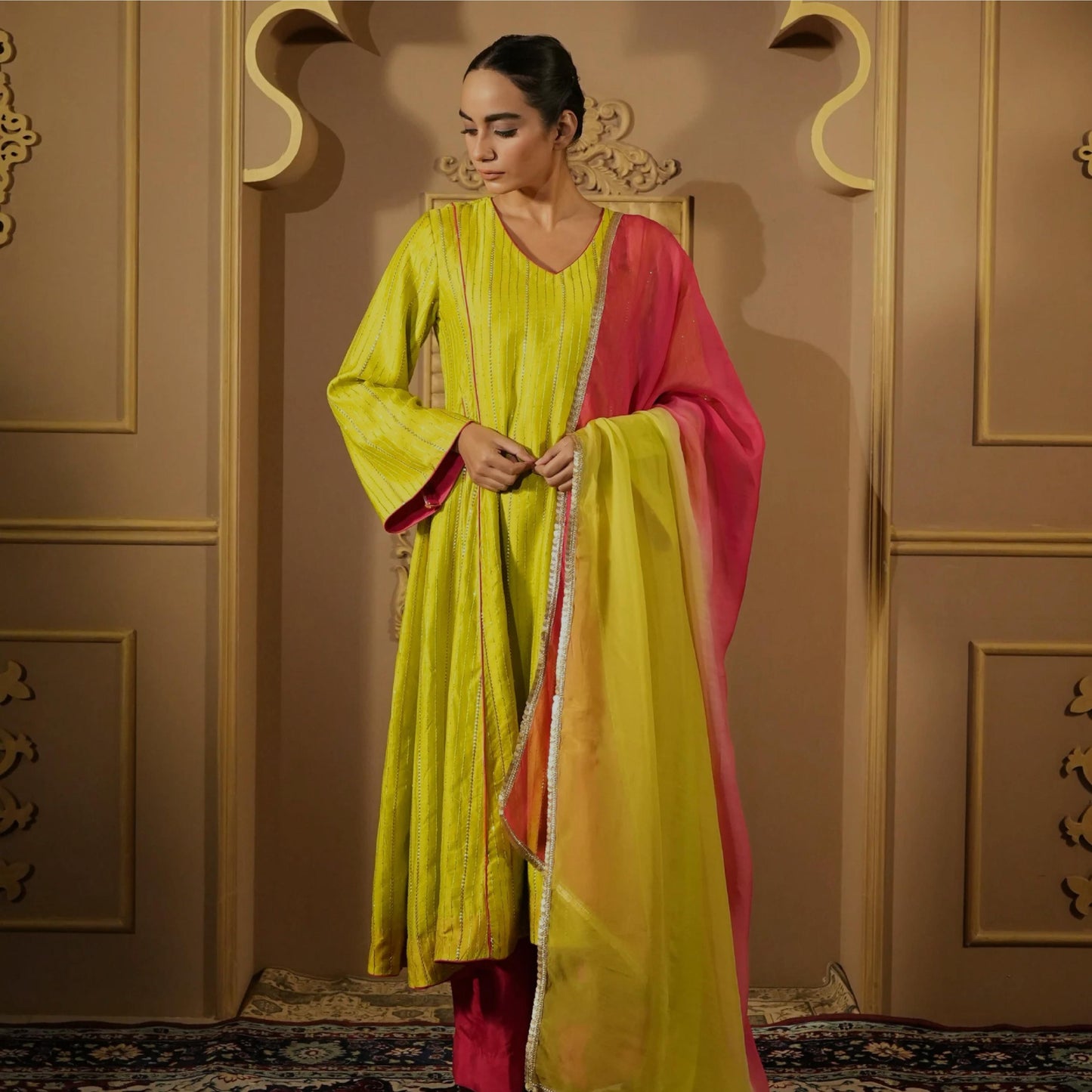 Lime Green & Pink Anarkali Kurta With Pants & Dupatta