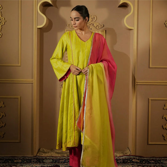 Lime Green & Pink Anarkali Kurta With Pants & Dupatta
