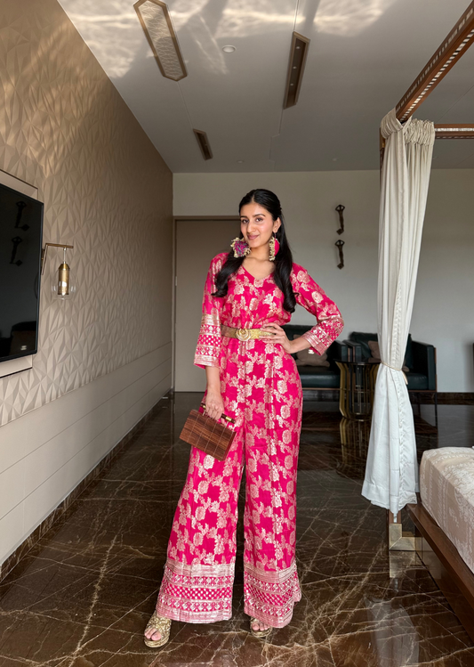 Pink Brocade Jumpsuit for a Statement Look
