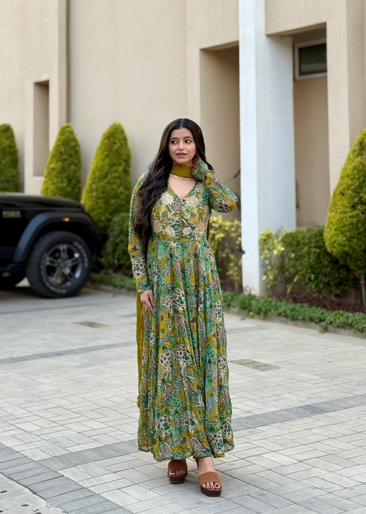 Green Embroidered Maxi Dress With Dupatta