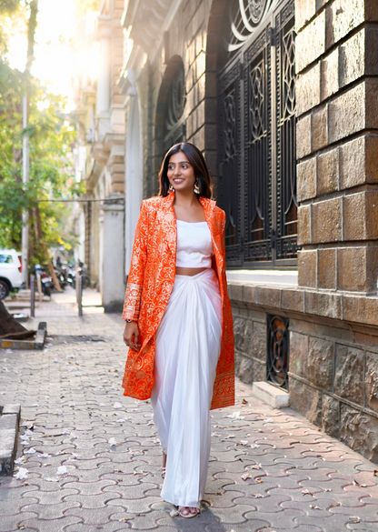 Orange & White Brocade Ensemble – Draped Skirt & Coat