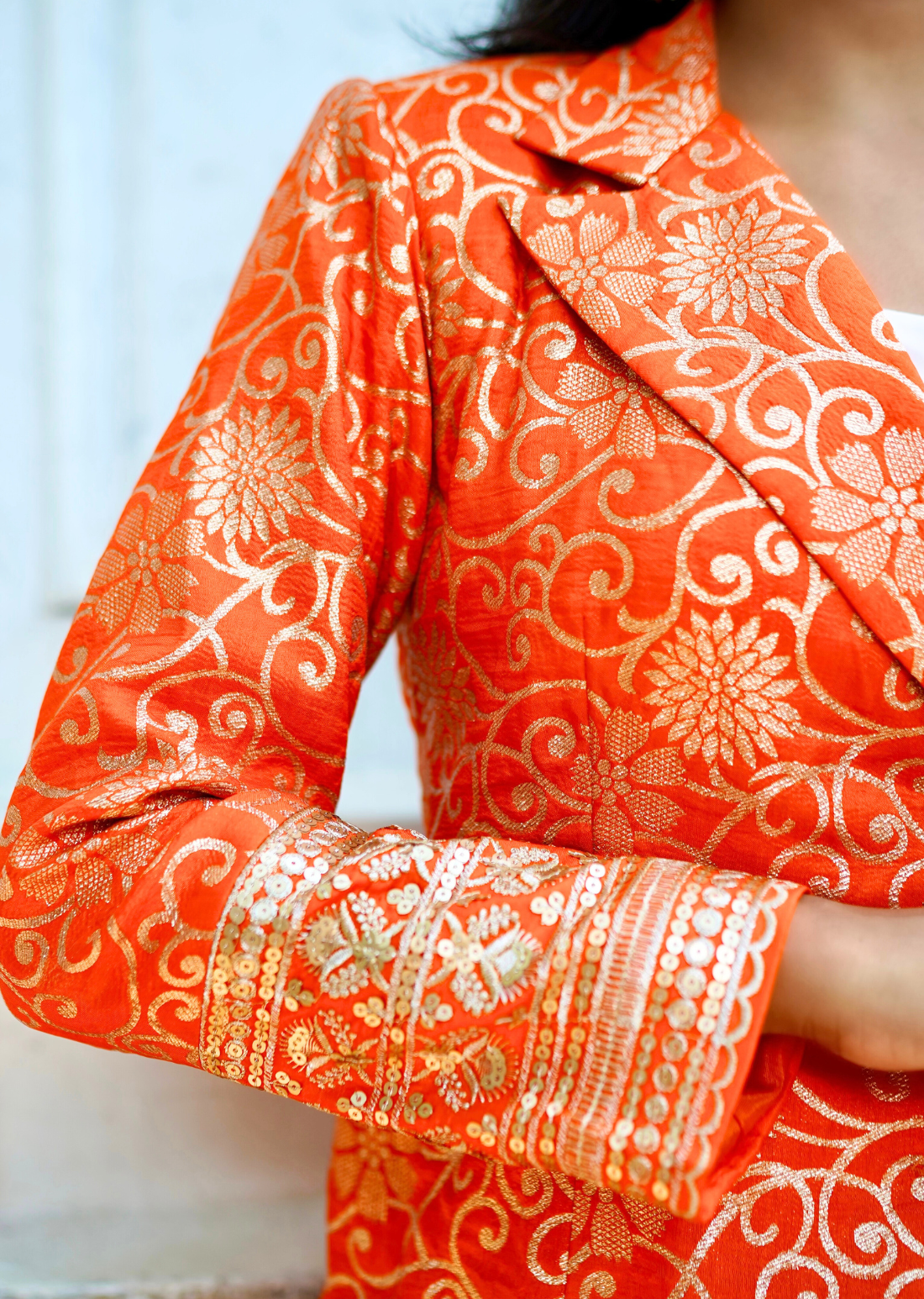 Orange & White Brocade Ensemble – Draped Skirt & Coat