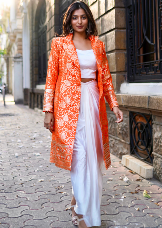 Orange & White Brocade Ensemble – Draped Skirt & Coat
