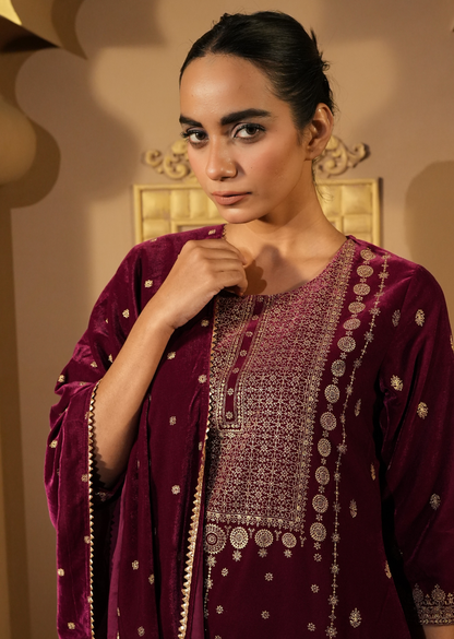 Maroon & Gold-Toned Velvet Kurta Set With Dupatta